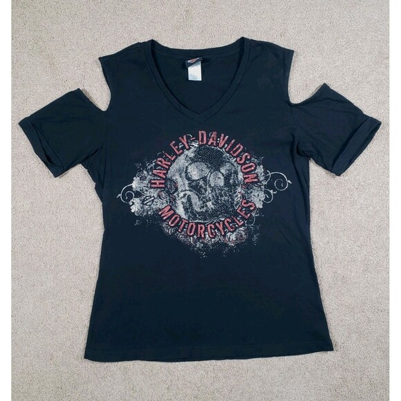 Harley Davidson Montana T-Shirt Skull Blind Cold Shoulder V-Neck Black Large - Picture 1 of 8